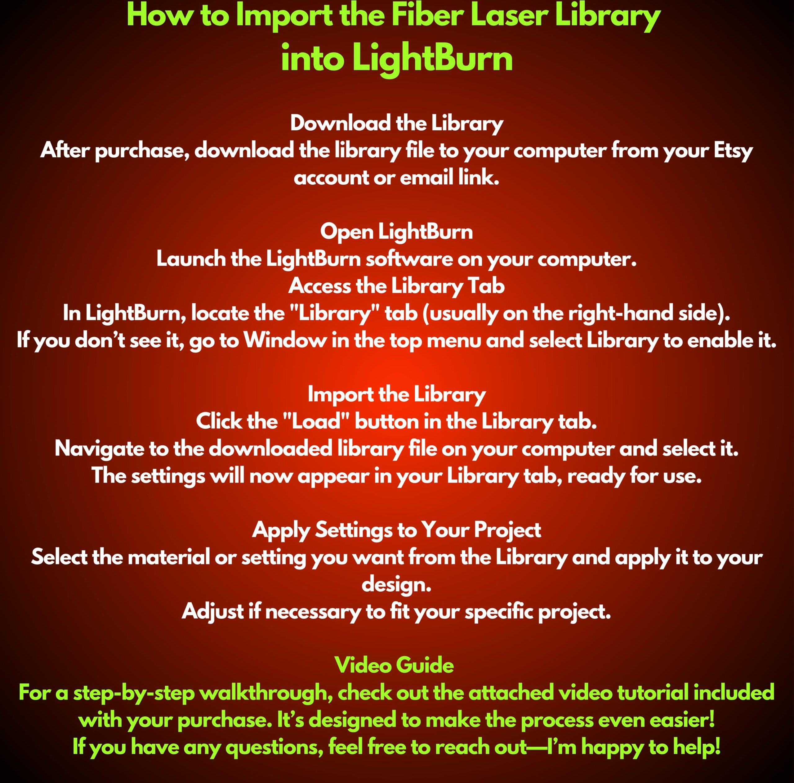 5W UV Fiber Laser Lightburn Library: 53 Material Settings (Digital Download)