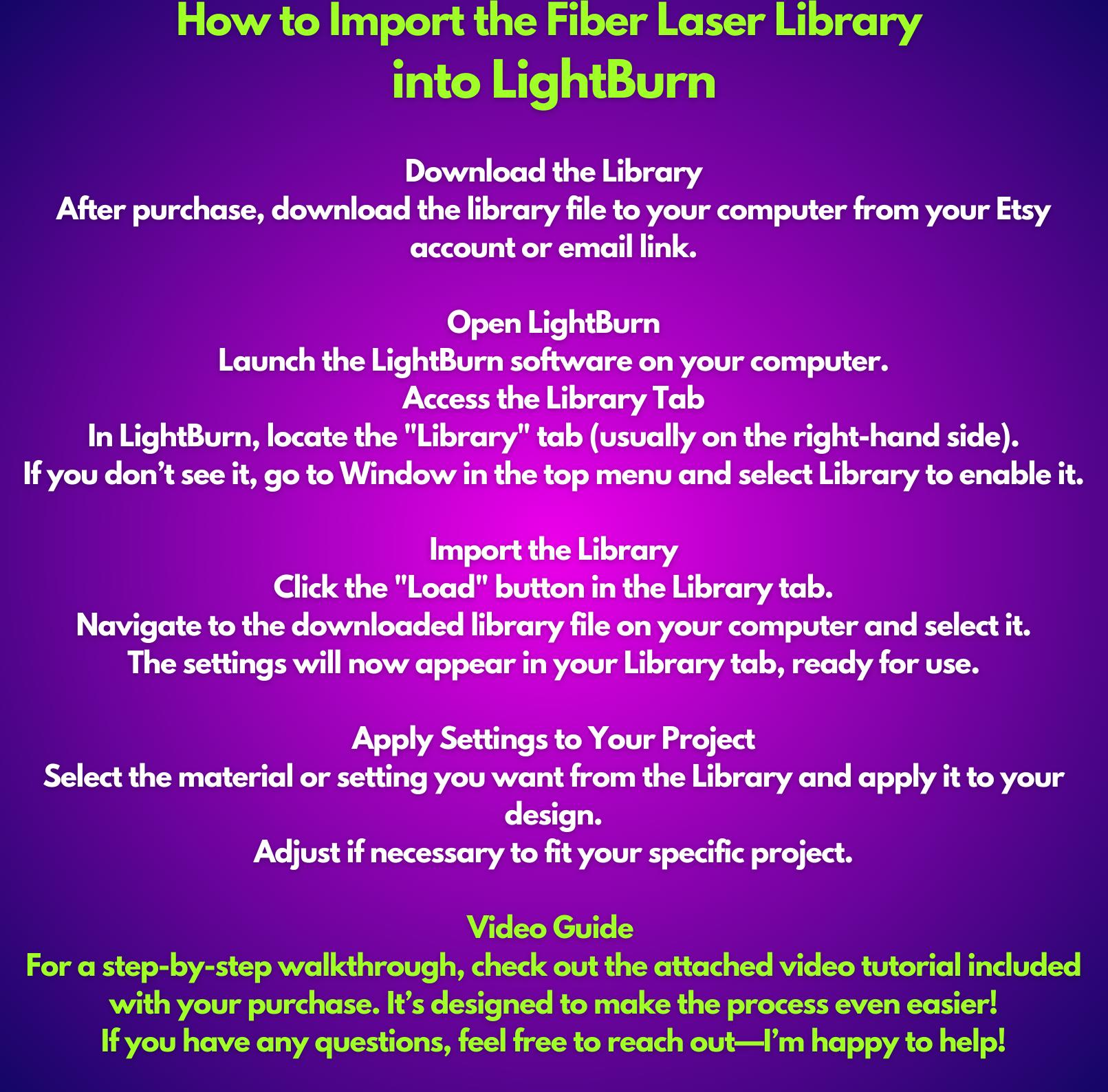 10W UV Fiber Laser LightBurn Library: 53 Material Settings (Digital Download)