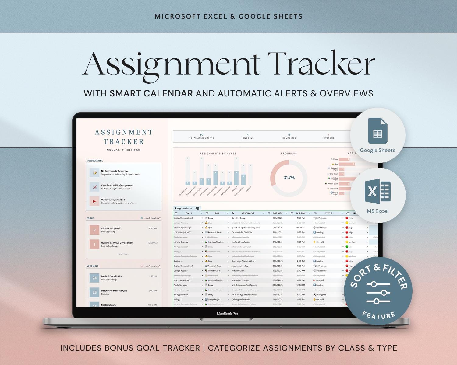 Assignment Tracker Spreadsheet Student Planner Google Sheets Excel School Academic Planner Assignment Calendar College Class Study Planner