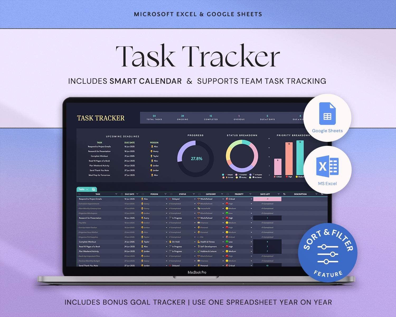Task Tracker Spreadsheet To Do List Excel Template Google Sheets Team Task Management Work Organization Monthly Schedule Calendar Dark Mode