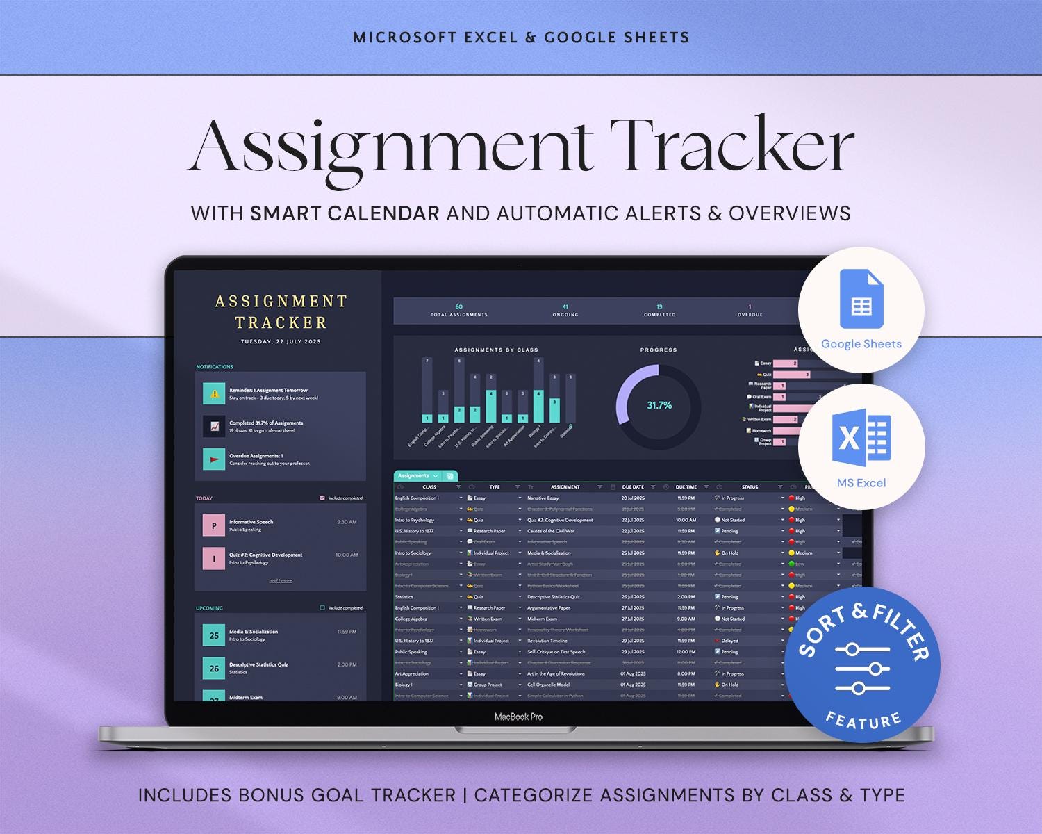 Assignment Tracker Academic Student Planner Google Sheets Excel Template Study Planner Spreadsheet University College Aesthetic Dark Mode