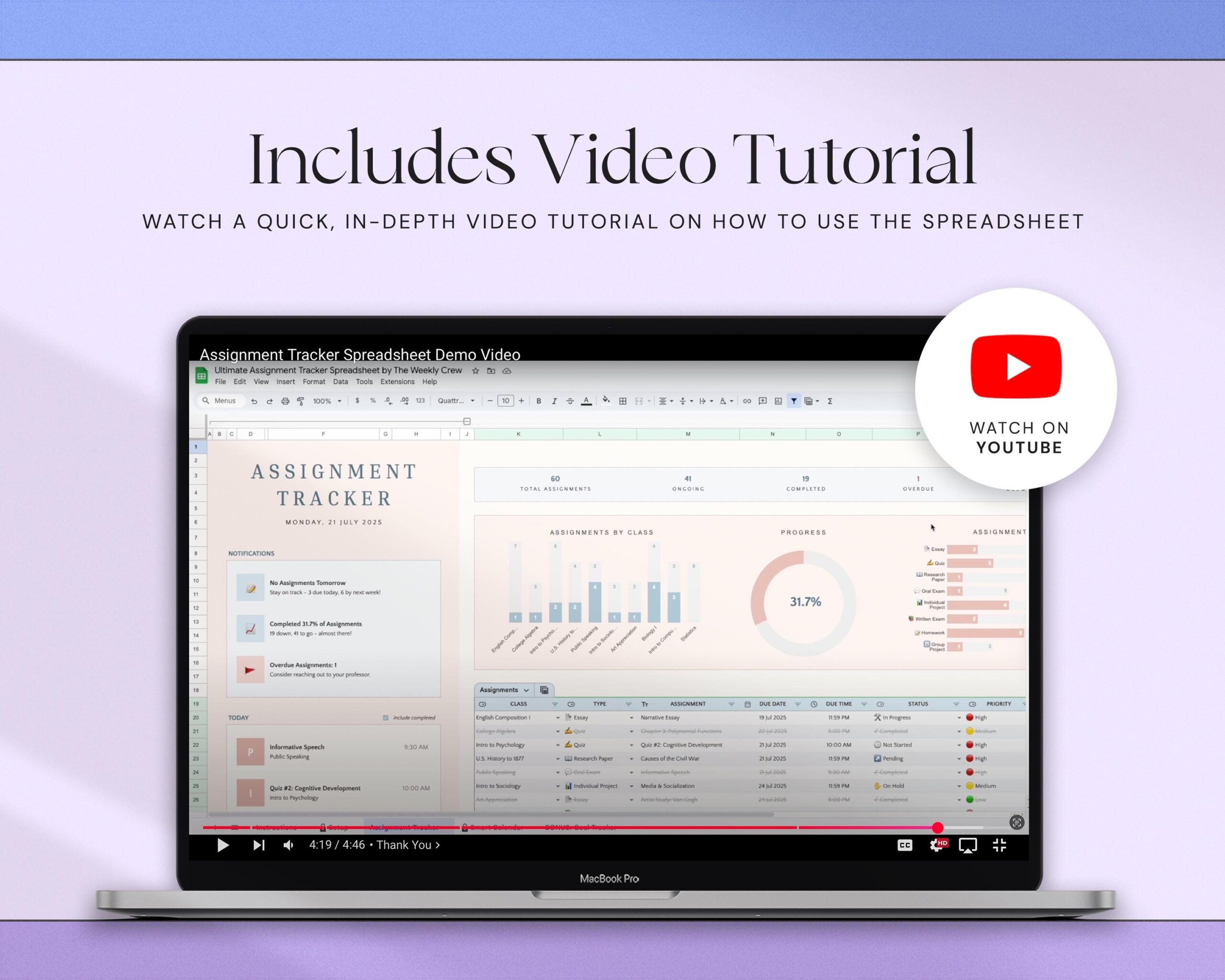 Assignment Tracker Academic Student Planner Google Sheets Excel Template Study Planner Spreadsheet University College Aesthetic Dark Mode