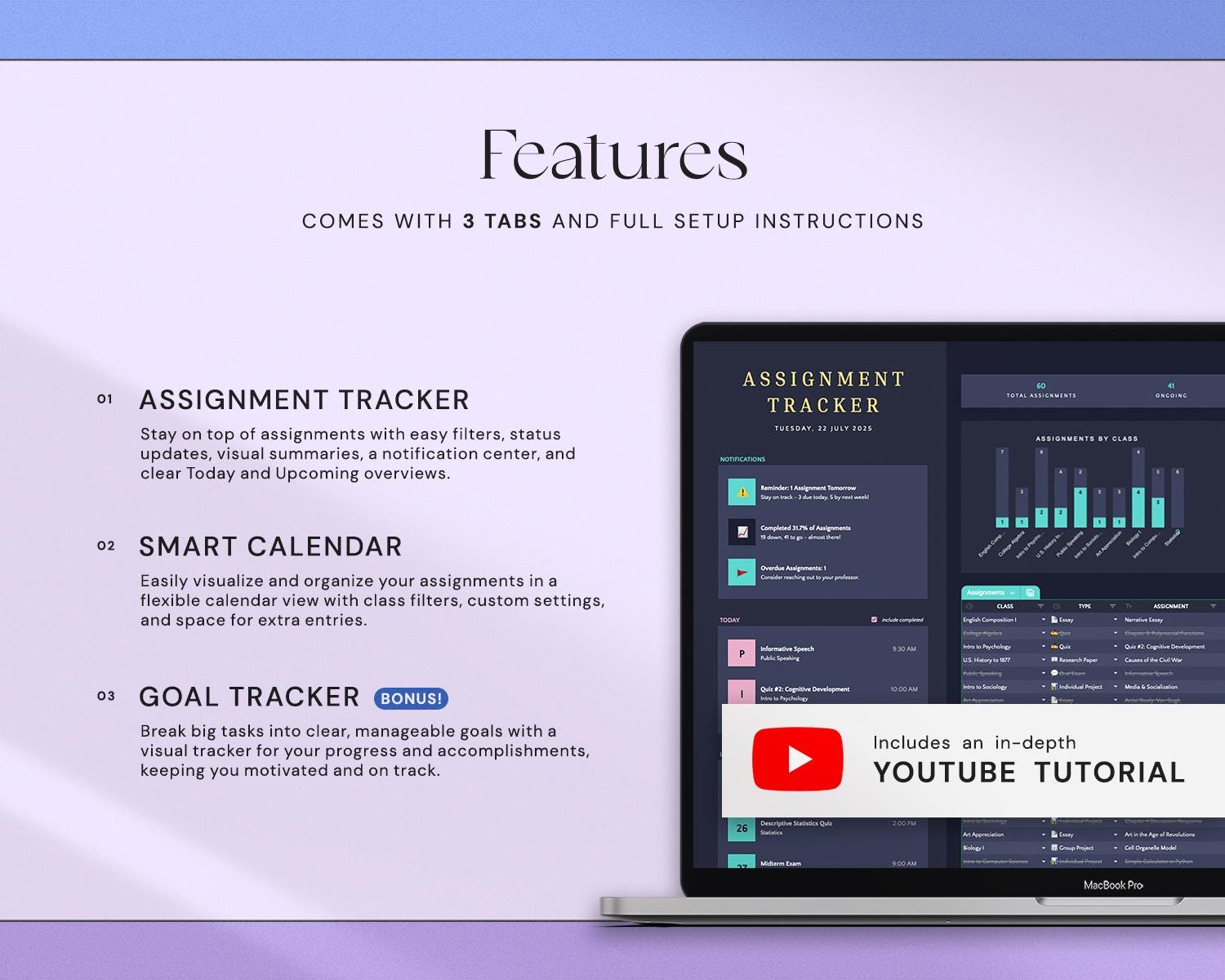 Assignment Tracker Academic Student Planner Google Sheets Excel Template Study Planner Spreadsheet University College Aesthetic Dark Mode