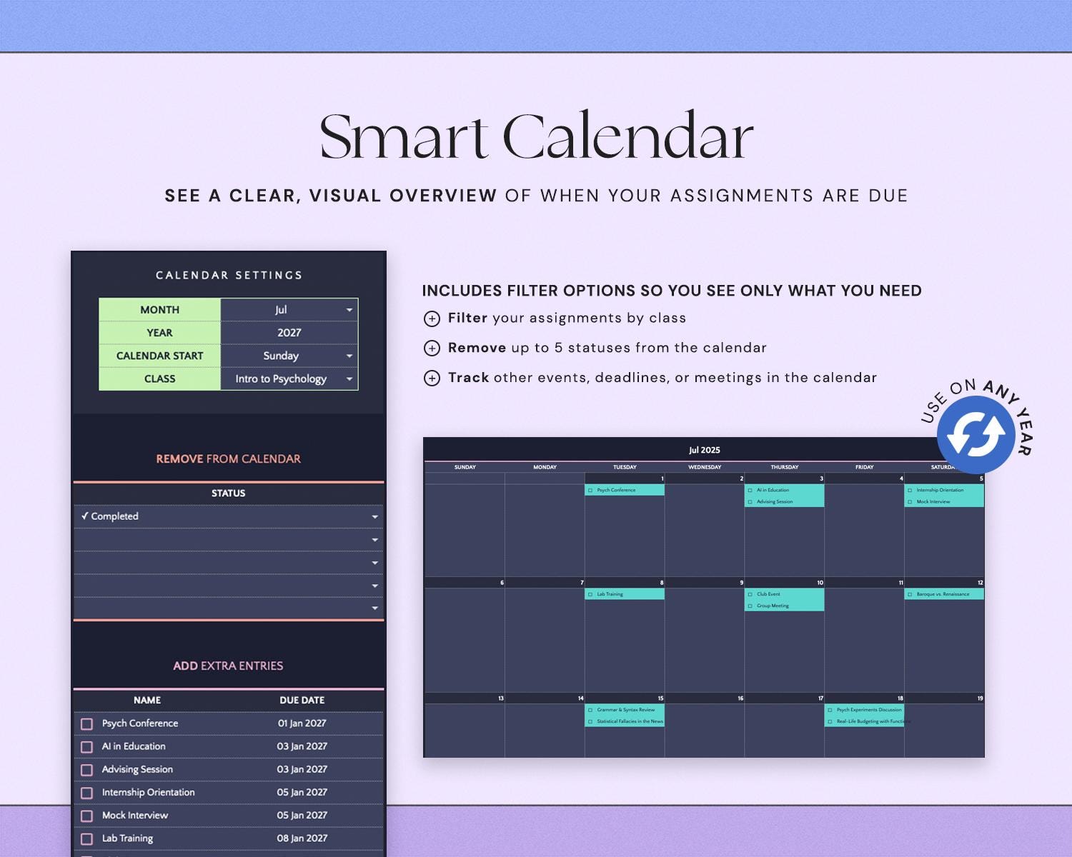 Assignment Tracker Academic Student Planner Google Sheets Excel Template Study Planner Spreadsheet University College Aesthetic Dark Mode