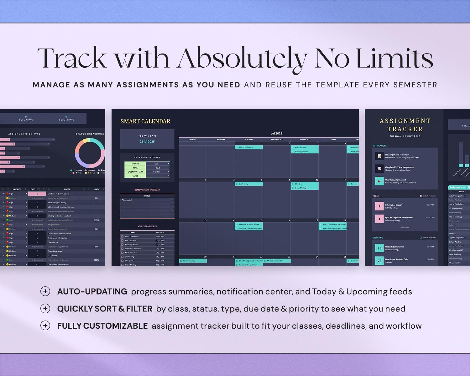 Assignment Tracker Academic Student Planner Google Sheets Excel Template Study Planner Spreadsheet University College Aesthetic Dark Mode