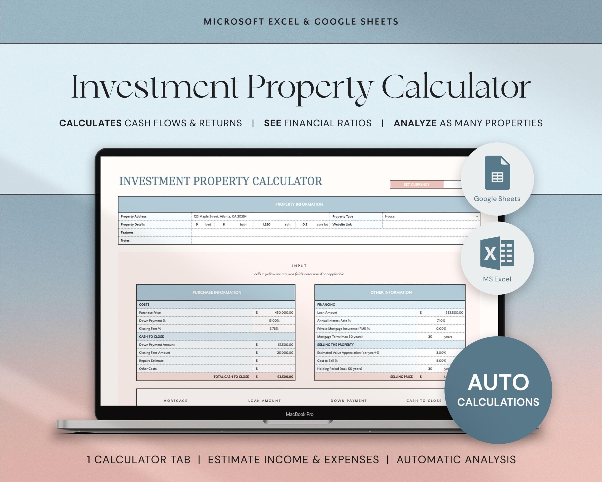 Rental Property Calculator Spreadsheet Investment Property Analysis Mortgage Calculator Airbnb Real Estate Excel Google Sheets ROI Cap Rate