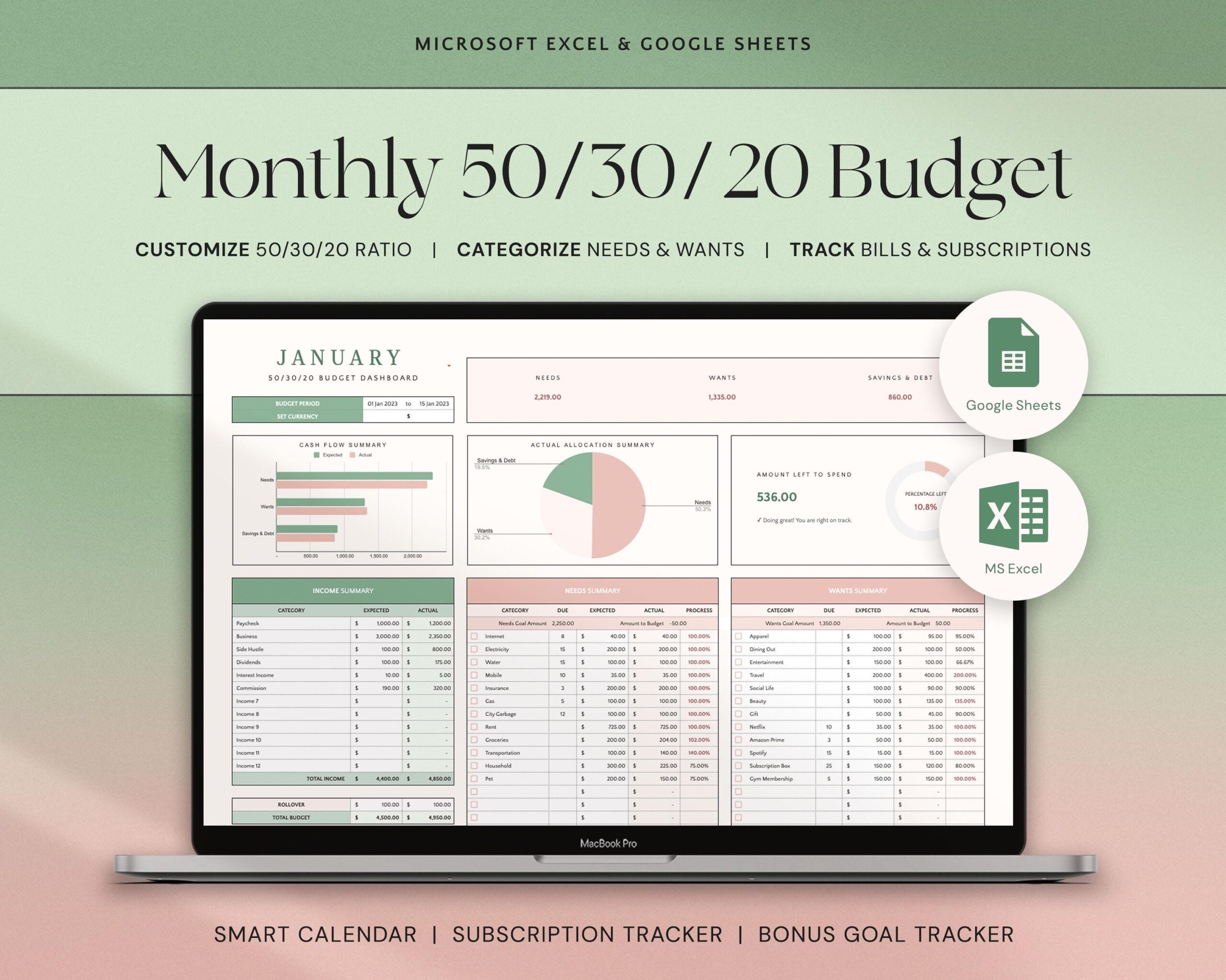 50/30/20 Monthly Budget Spreadsheet Excel Budget Planner Google Sheets Budget Template Excel Finance Tracker 70/20/10 Digital Budget Planner