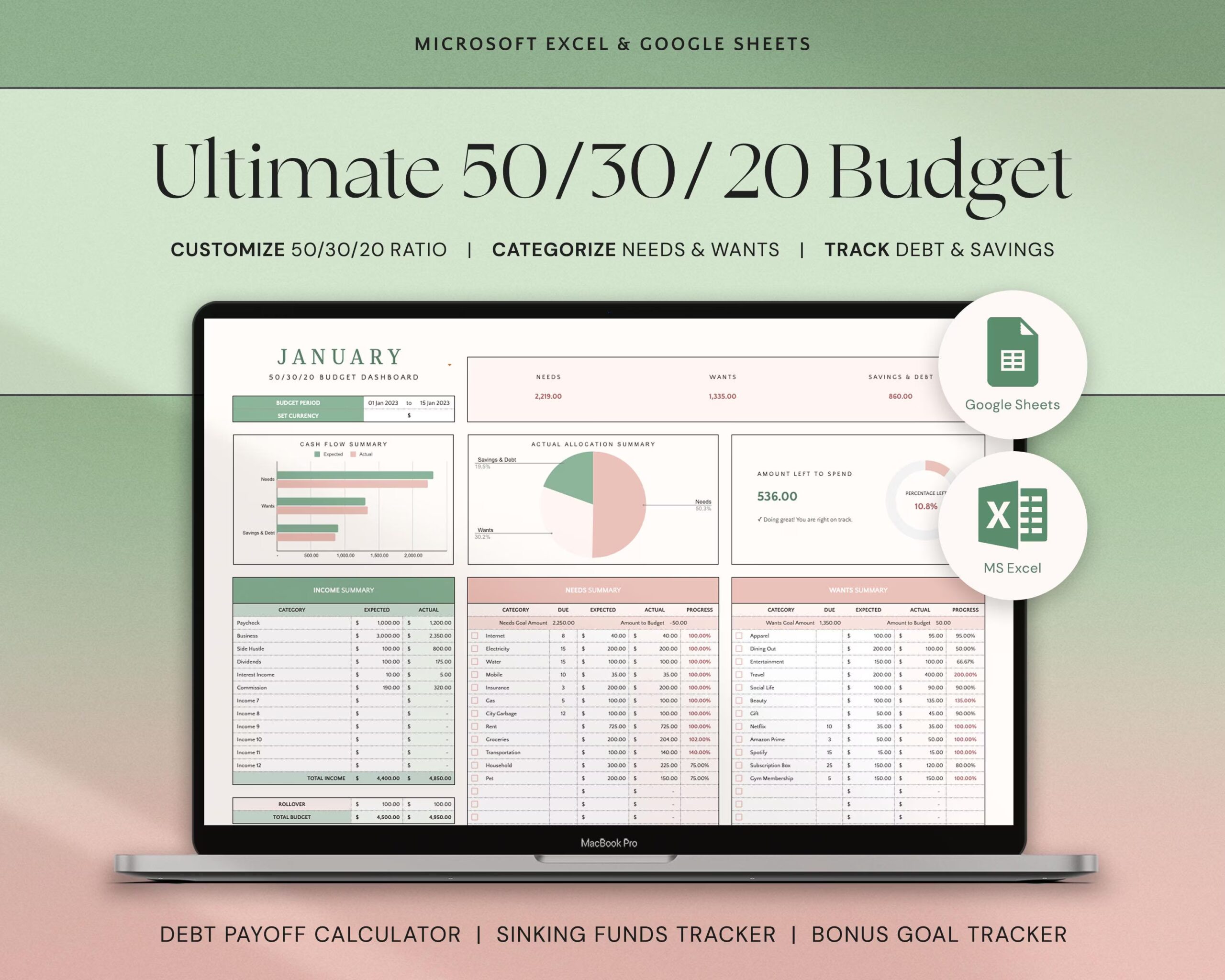 50/30/20 Budget Spreadsheet Excel Google Sheets Monthly Budget Planner Finance 70/20/10 Budget Template Weekly Budget Savings Tracker