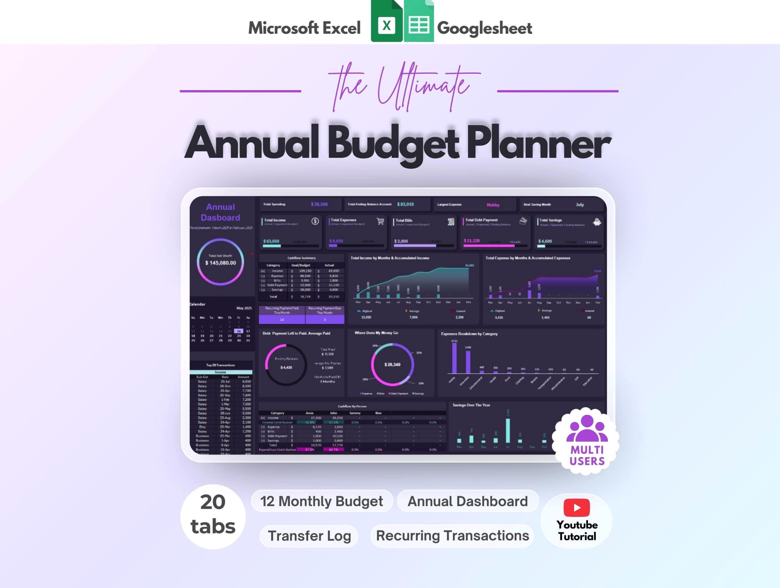 Annual Budget Planner | Income Expense Debt Bills Tracker | Excel and Google Sheets Spreadsheet