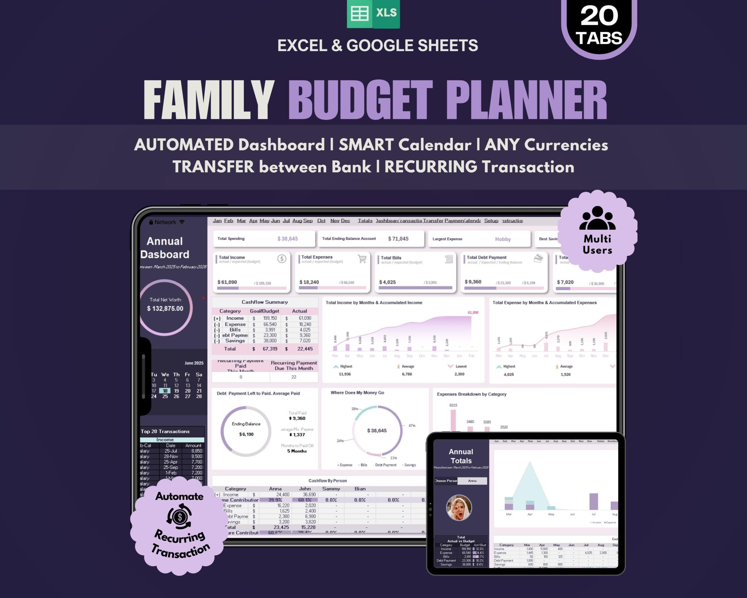 All-in-One Annual Budget Spreadsheet 2026: Excel & Google Sheets Income and Expense Tracker (Digital Download)